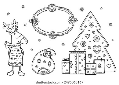 Christmas and New year greetings. Rectangular decorative pattern made of holiday symbols. Snowman, gift, Christmas tree, deer, mitten, ball, stocking, bell, snowflake and other signs.