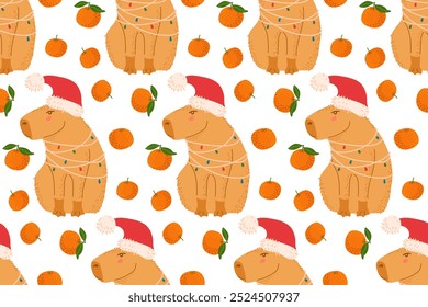 Christmas and New Year Greetings. Seamless pattern with Capybara and tangerine fruit. Funny character. Cartoon happy Capybara. Repeated Template for wallpaper, card, textile, wrapping paper, packing.