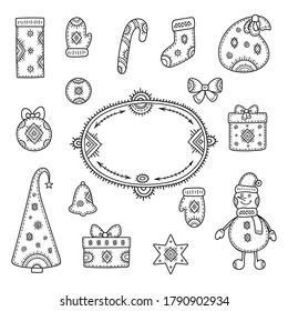Christmas and New year greetings. A set of decorative elements-a snowman, a gift, a bow, a bell, a Christmas tree, a gift bag, a signet and a candy. The frame for the label. Scandinavian style.