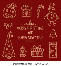 Christmas and New year greetings. A set of decorative elements-a snowman, a gift, a bow, a bell, a Christmas tree, a gift bag, a signet and a candy.