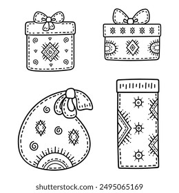 Christmas and New year greetings. Set of decorative pattern made of holiday symbols. Christmas gifts, bag; snowflakes and stars. Coloring book page.