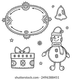 Christmas and New year greetings. Set of decorative pattern made of holiday symbols. Snowman, gift, ball, bell, snowflake and other signs. Coloring book page.