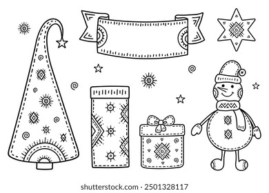 Christmas and New year greetings. Set of decorative pattern made of holiday symbols. Snowman, gift, ball, bell, snowflake and other signs. Coloring book page.