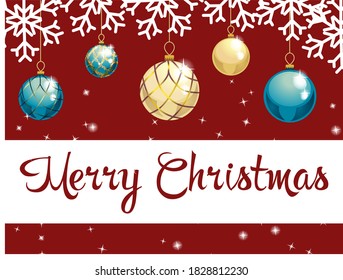 Christmas and new year greetings, Christmas toys on a dark red background with snowflakes and sparkling snow