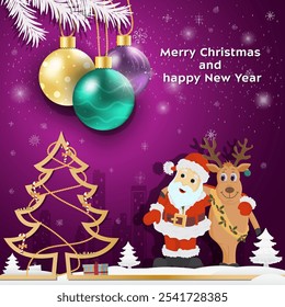 Christmas and New Year greetings Christmas tree balls hanging on tree branches, Santa Claus and Reindeer hugging