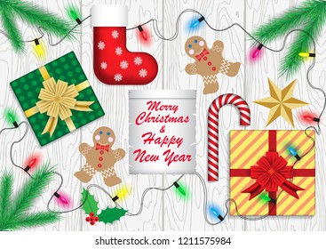 Christmas and new year greetings, vector illustration, Christmas cookies, spruce branches,garland, star, wand, gifts, Shoe, postcard, banner, poster