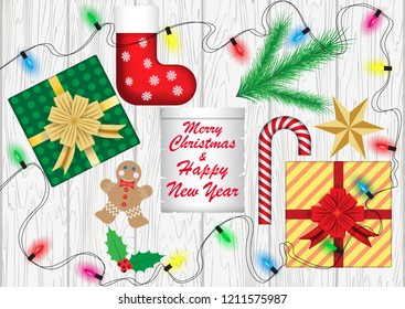 Christmas and new year greetings, vector illustration, Christmas cookies, spruce branches,garland, star, wand, gifts, Shoe, postcard, banner, poster