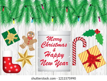 Christmas and new year greetings, vector illustration, Christmas cookies, spruce branches,garland, star, wand, gifts, Shoe, postcard, banner, poster