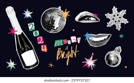 Conjunto de elementos de collage de media tonalidad de Navidad y Año Nuevo. Cortar las formas de las revistas, la botella de champán, los adornos, las estrellas, los ojos femeninos y la boca sonriente. Ilustración moderna del vector de grunge retro