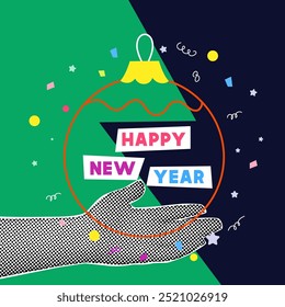 Christmas and New year halftone collage elements. Hand holding Christmas tree ball. Colorful halftone collage style vector illustrations. Vector design for poster, banner, greeting cards