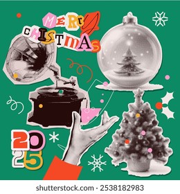 Christmas and New year halftone collage elements set. Cut out of magazine shapes - vintage gramophone, hand with champagne glass, snow ball, xmas tree. Modern retro grunge punk vector illustration