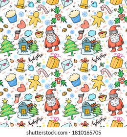 Christmas and New Year Hand drawn seamless pattern with house, christmas tree, gift and santa claus. Doodle vector background for wallpaper, fabric print.