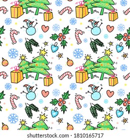 Christmas and New Year Hand drawn seamless pattern with christmas tree, gift and snowman. Doodle vector background for wallpaper, fabric print.