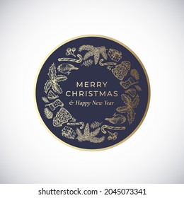 Christmas and New Year Hand Drawn Sketch Wreath, Frame Banner or Card Template. Abstract Holiday Vector Label with Retro Typography and Gold Color. Isolated.