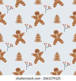 Christmas and New Year hand drawn pattern. Seamless simple pattern with gingerbread man and Christmas fir tree. Texture for fabric, textile, poster, card, print, invitation, wrapper, cover