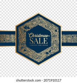 Christmas and New Year Hand Drawn Wreath with Stripe or Band. Frame Banner Sticker or Wrapping Template. Abstract Holiday Promo Sale Vector Label with Retro Typography and Golden Glitter. Isolated.