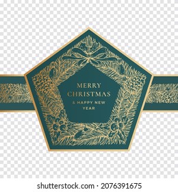 Christmas and New Year Hand Drawn Wreath with Stripe or Band. Frame Banner Sticker or Wrapping Template. Abstract Holiday Promo Sale Vector Label with Retro Typography and Golden Glitter. Isolated.