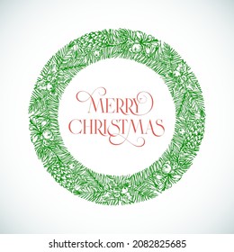 Christmas and New Year Hand Drawn Sketch Spruce Wreath, Frame Banner or Sticker Template. Abstract Holiday Vector Circle Label with Swirly Typography. Isolated.