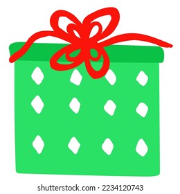 Christmas and New year hand drawn gift box with red ribbon,side view illustration,silhouette of holiday present, element for web design,planner decoration, flat style sticker.
