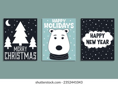 Christmas and New Year hand drawn vintage greeting cards set. Vector illustrations for greeting cards, website and mobile banners, marketing material
