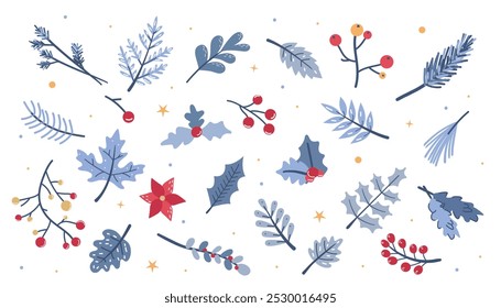 Christmas and New Year hand drawn doodle vector set with holly, mistletoe, fir branches, berries, snowflakes, Set of hand drawn winter plants. Vector illustration in flat style.