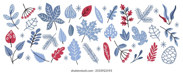 Natal e Ano Novo mão desenhado doodle set com plantas de inverno, cones, flocos de neve. Ilustração vetorial em estilo plano.