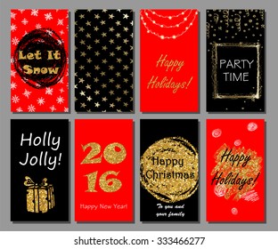 Christmas and New Year hand drawn cards collection with golden glitter texture.