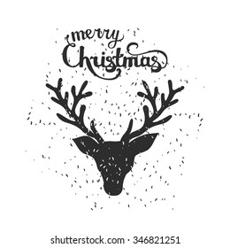 Christmas and New Year hand drawn greeting card with black sketch deer head silhouette
