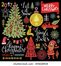 Christmas, New Year hand drawn icons set isolated on chalk board background