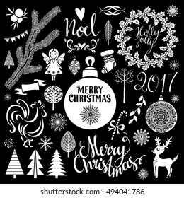 Christmas, New Year hand drawn icons set isolated on chalk board background