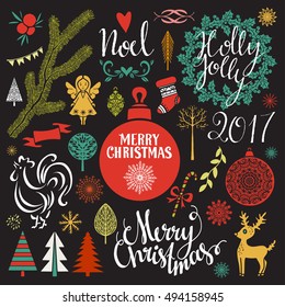 Christmas, New Year hand drawn icons set isolated on chalk board background
