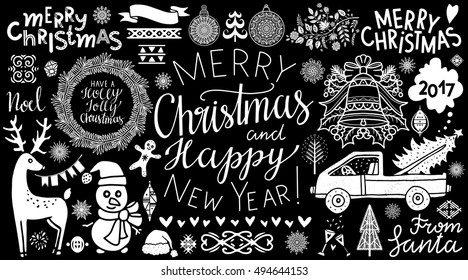 Christmas, New Year hand drawn icons set isolated on chalk board background