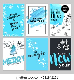 Christmas and New Year hand drawn greeting cards set. Vector illustrations for greeting cards, website and mobile banners, marketing material. 