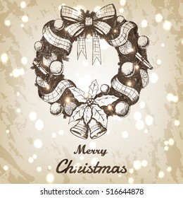 Christmas and New year hand drawn vector illustration. Decorative wreath sketch, vintage style. Brown grunge paper background.