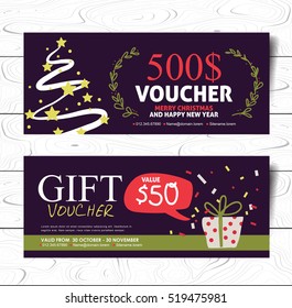 Christmas and New Year hand drawn style gift voucher vector template. Vector illustration
