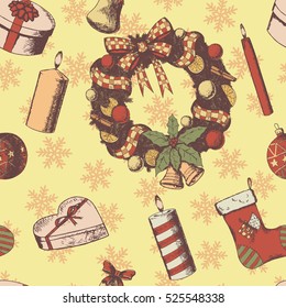 Christmas or New year hand drawn colored vector seamless pattern. Attributes and Symbols sketch, vintage style, wreath, ornaments, gifts, candles, sock. Bright brown grunge paper background.