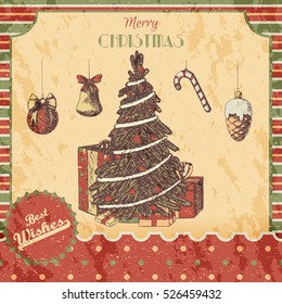Christmas or New year hand drawn colored vector illustration - card, poster. Gifts, Xmas tree with ornaments, vintage sketch style. Red and green classic grunge background.