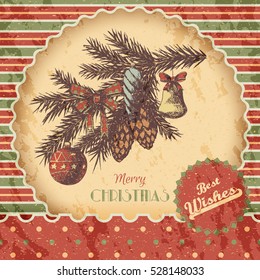 Christmas or New year hand drawn colored vector illustration - card, poster. Fir branch with ornaments, vintage sketch style. Red and green classic grunge background.