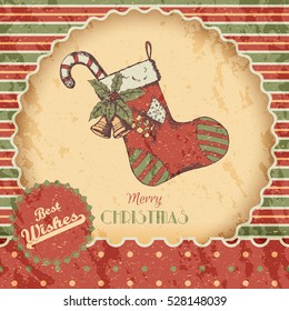 Christmas or New year hand drawn colored vector illustration - card, poster. Xmas sock with candy, bells, vintage sketch style. Red and green classic grunge background.