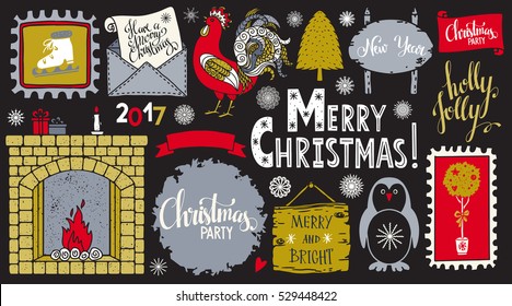 Christmas and New year hand drawn, scrapbooking design elements, icons set isolated on black background. Handwritten font. Vector artwork