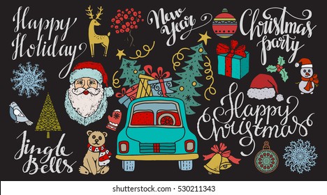 Christmas and New year hand drawn set, scrapbooking design elements, icons isolated on black background. Handwritten font. Vector design 