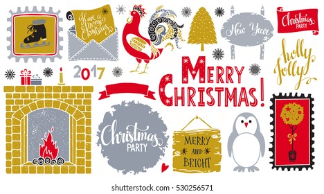 Christmas and New year hand drawn, scrapbooking design elements, icons set isolated on white background. Handwritten font. Vector design