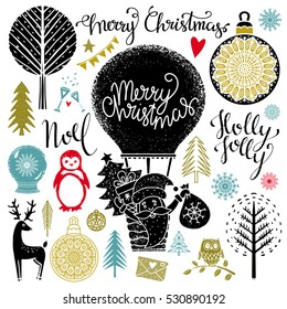 Christmas and New year hand drawn, scrapbooking design elements, icons set isolated on white background. Handwritten font