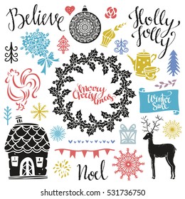 Christmas and New year hand drawn set, scrapbooking design elements, icons isolated on white background. Hand written font