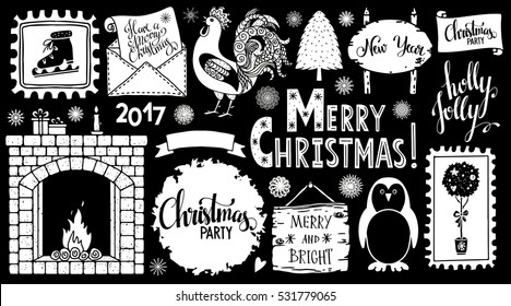 Christmas and New year hand drawn, scrapbooking design elements, icons set isolated on black background. Handwritten font