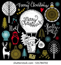 Christmas and New year hand drawn, scrapbooking design elements, icons set isolated on black background. Hand written font