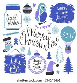 Christmas and New year hand drawn, scrapbooking design elements, icons set isolated on white background. Handwritten font, lettering