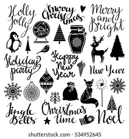 Christmas and New year hand drawn, scrapbooking design elements, icons set isolated on white background. Handwritten font, lettering