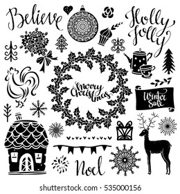Christmas and New year hand drawn set, scrapbooking design elements, icons isolated on white background. Hand written font