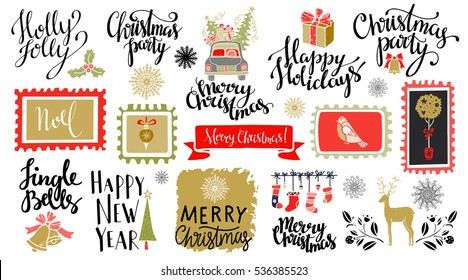 Christmas and New year hand drawn, scrapbooking design elements, icons, marks set isolated on white background. Hand written font, lettering